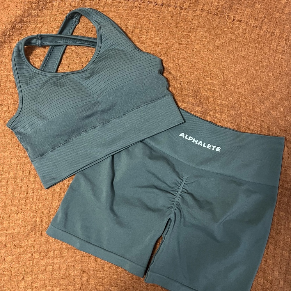 Alphalete charcoal amplify shorts and vault sports bra set